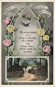 Postcard Vintage 1916 Merry Xmas and Happy New Year Roses and Birds - Foto 1 di 2