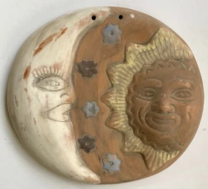 #3 Vintage Mayan Terracotta Mexican Folk Art Clay Wall Hang Hanging Moon Sun 9" - Picture 1 of 3