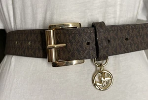 MICHAEL KORS BELT CHOCOLATE MK LOGO WITH MK CHARM GOLD BUCKLE GO! MK!!! - Picture 1 of 6