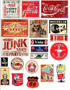 TWO (2) VINTAGE GARAGE SIGNS +OLD GASOLINE DEALERSHIP DECALS 1:18- 1:24 Scale - Picture 1 of 2