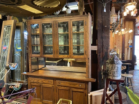 Vintage oak built-in china cabinet/hutch with wheel cut glass doors Cover