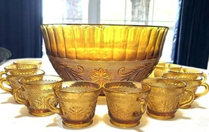 VTG Tiara Indiana Glass Amber Sandwich Pattern Punch Bowl 12 Cups Ladle OrgBox - Picture 1 of 14