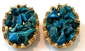 Vintage Marvella Faux Turquoise Nuggets Molded Peking Glass Clip On Earrings WOW - Picture 1 of 9