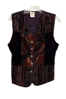 Vintage 90s Black Embroidered Velvet Vest Wmns Med GrungeFairy Whimsigoth Boho - Image 1 of 4