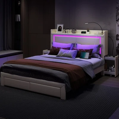 Queen Bed Frame with Headboard,  Queen Size with Charging Station & 2 Drawers - Image 1 of 4