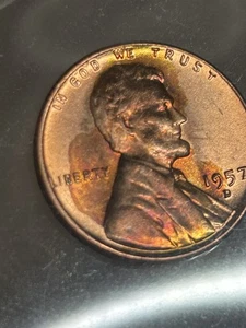 1957-D-  Beautiful Natural rainbow toning . coin from BU role. # 1 - Picture 1 of 8