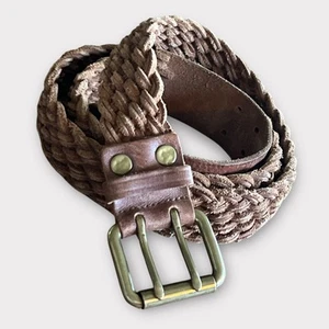 Vtg Ralph Lauren Men’s Braided Belt Brown Leather Distressed Gold Solid Brass 42 - Picture 1 of 8