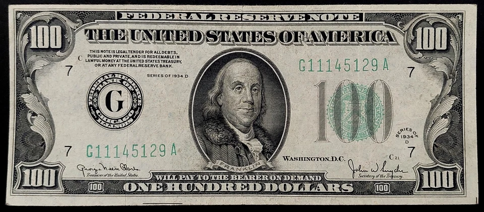 1934 D $100 Federal Reserve Note, Chicago! No pinholes! Fr# 2156 G. - Image 1 of 4