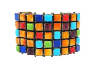 Bracciale Vintage Argento Sterling Navajo Roie Jaque Multi Gemma Mosaico - Foto 1 di 8