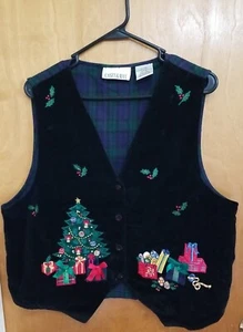 Casey & Max Plaid Christmas Vest XL Vintage presents black velour base front - Picture 1 of 4