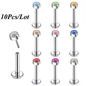 10Pcs/Lot Crystal Labret Lip Studs Stainless Steel Helix Conch Piercing Jewelry - Picture 1 of 8