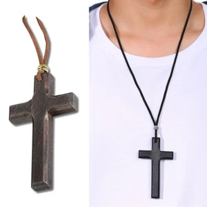 Black Wood Cross Crucifix Leather Cord Pendant Men Women Necklace Sweater - Picture 1 of 20