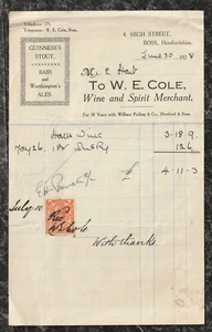 1928 Invoice W E Cole Wine & Spirit Merchant Ross Herefordshire United Kingdom - Picture 1 of 2