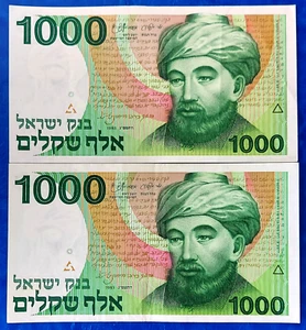 Lote de 2 billetes Israel 1000 Sheqalim 1983 Rambam XF+/AU - HARAV y error RARAV - Imagen 1 de 3