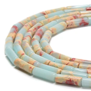Cuentas de tubo cilindro de jaspe azul claro Aqua Terra tamaño 4x13 mm 15,5"" cadena - Imagen 1 de 2