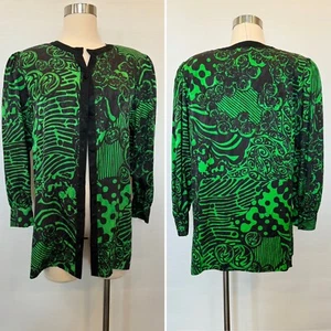 80s Diane Freis Silk Jacquard Green Bold Print Vintage Blouse Tunic Top Jacket - Picture 1 of 12