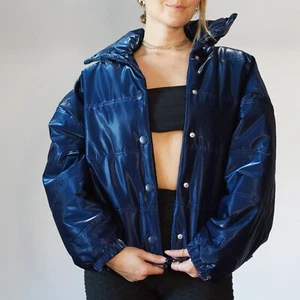 Neu mit Etikett blau marineblau metallic Cropped Oversized gefütterter Mantel Damengröße XS - Bild 1 von 19