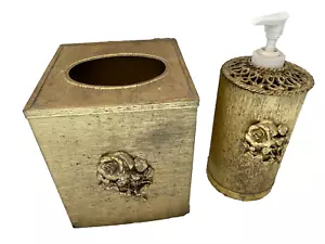 Caja de pañuelos florales y dispensador de jabón Hollywood Regency Gold Roses Stylebuilt de colección - Imagen 1 de 6