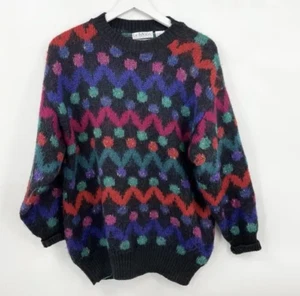 VTG 90s Le Moda Knitwear Hand Loomed Multicolor Wool Mohair Blend Pull Sweater L - Picture 1 of 7