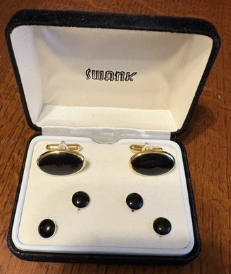 Gemelos Swank Vintage Tono Dorado con Esmalte Negro y 4 Tachuelas Camisa Esmoquin Foto 1 de 4