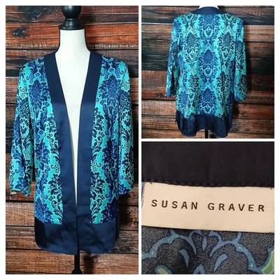 Cárdigan Susan Graver S Kimono Top Satinado Damasco Azul Espuma de Mar  Foto 1 de 4
