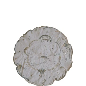 Vintage or older small round doily. Silk thread ship scene. - Picture 1 of 6