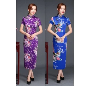 Blue and Black Short Sleeve Long Cheongsam Dress for Fashionable Women - Picture 1 of 29