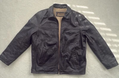 Chaqueta Bomber Columbia De Colección Cuero Marrón Cremallera Bolsillos Frontales Forrada Talla L Foto 1 de 4