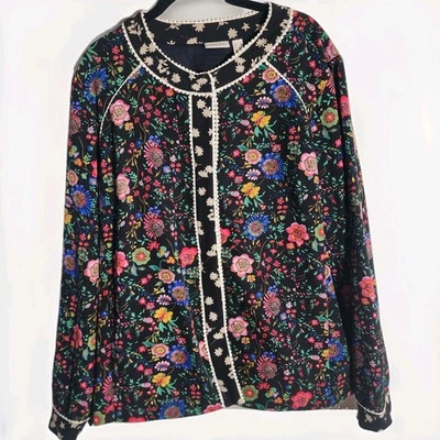 LOGO by Lori Goldstein Black Floral Print Picot Trim Jacket Women’s Size L - Image 1 of 4