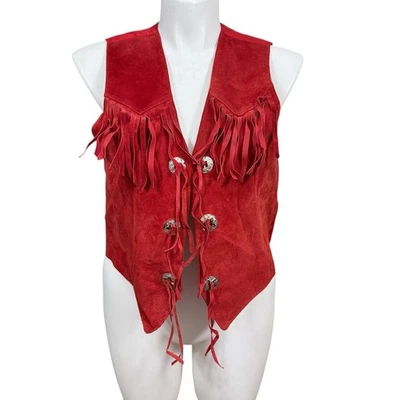 Vintage Y2K Rock Creek Red Suede Fringe Vest Women’s L Concho Western - Image 1 of 4