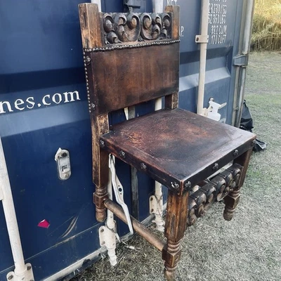 Antique Spanish Baroque Style Carved Oak and Leather Armchair - Image 1 of 4