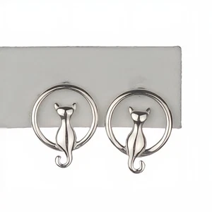 Massive 925 Sterling Silber süße Katze sitzende runde Ohrstecker, hochglanzpoliert - Bild 1 von 5