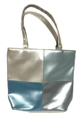 VTG Avon Tote Bag Handbag Purse Color Block Pearlescent Silver/Blue 2 Straps NEW - Image 1 of 4