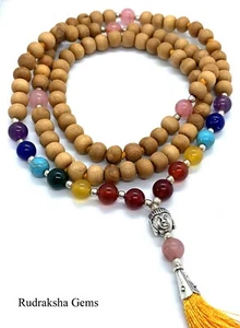 7 CHAKRA SANDAL WOOD BUDHA CRYSTAL HEALING MALA MEDITATION PRAYER OM YOGA BEADS - Picture 1 of 4