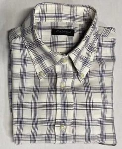 CANALI LINEN COTTON ITALIAN MADE MEN'S SHIRT IVORY BLUE BLACK PLAID 16”x33/34” - Picture 1 of 6