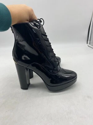 Calvin Klein Melina Black Patent Leather Lace Up Booties Heels Sz 6.5 Block Heel - Image 1 of 4