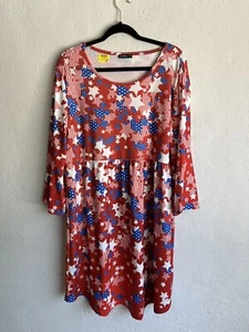 Izuria Woman Red&Blue Star Three-Quarter Sleeve Empire Waist Dress, Size 1X - Picture 1 of 6