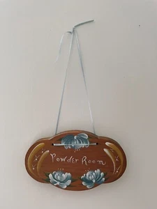 Powder Room Wood Sign Plaque Ribbon Cottage Painted Floral Decor Gift Home Blue - Picture 1 of 6