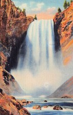 Yellowstone Park Great Falls Waterfall Geysers WY Wyoming Linen Vtg Postcard A46