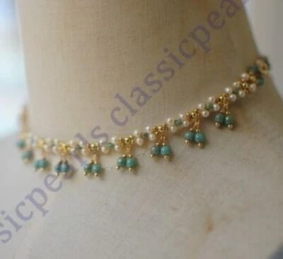 16in Dainty Hand-Kintted 4-5mm White Akoya Pearl +Turquoise Necklace 14k Gold P - Image 1 of 4