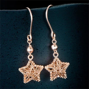 Au750 Real 18K Rose Gold Women Lucky Hollow Star Dangle Earrings 35mmH - Picture 1 of 6