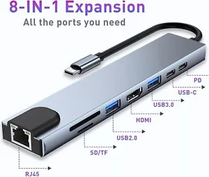 USB C HUB Adapter 8 in 1 with USB 3.0 4K-HDMI PD Docking Station For PC&Laptop - Picture 1 of 15