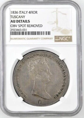 1836 Italian States Tuscany 4 Fiorini, NGC AU Details, KM-C-75a, Italy, Scarce - Image 1 of 2