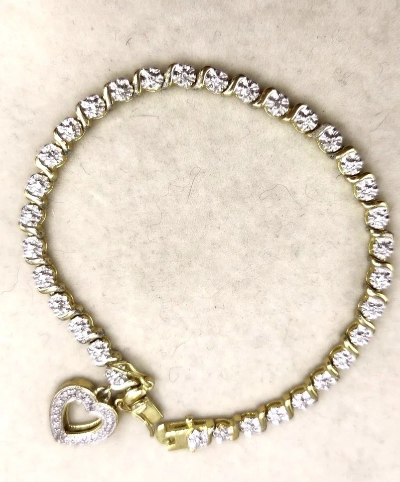 Gold Plated Sterling Silver CZ Tennis Bracelet With Dangle Heart Charm - Image 1 of 4