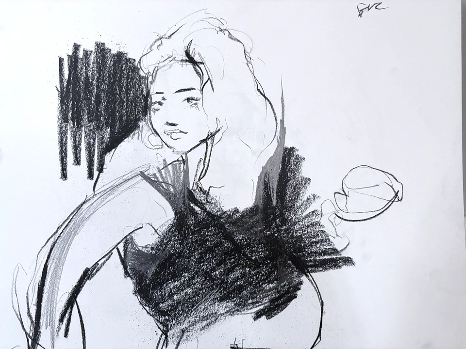 Charcoal Portrait Cubism Drawing 11”x17” Paper Original Signed - Image 1 of 1