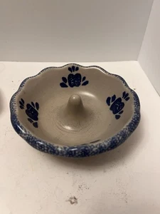 Ceramic Pottery Trinket Dish Ring Holder Apple Baker Baking Dish Blue Hearts - Picture 1 of 4