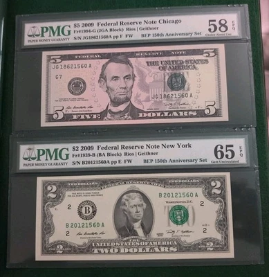 150TH ANNIVERSARY CURRENCY SET SERIES 2009 COMMEMORATIVE $2 AND $5 NOTES PMG 65  - Image 1 of 2