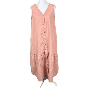 Lintico L Pink Linen Blend V-Neck Button Front Relaxed A-Line Dress Vacation - Picture 1 of 13