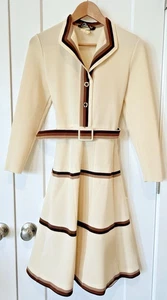 Vintage 70s Woman's Office Dress Beige Brown Collared Fit Flare Belted Button - Picture 1 of 18