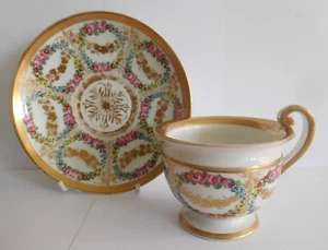 ANTIQUE CZECH PRAGUE PORCELAIN CUP AND SAUCER WITH FLORAL PINK ROSES DECORATION - Picture 1 of 24